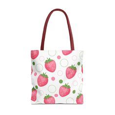 Introducing our adorably chic tote bag! Perfect for adding a pop of fruity fun to your daily style, this tote features a delightful pink strawberry design. Carry your essentials with a playful twist with our Pink Strawberry Bubbles Tote Bag. Available in 3 sizes to add both functionality and style, these tote bags come with multiple handle colors to match your designs. Made with spun polyester, these bags feature double-stitched seams, cotton webbing straps, and nonwoven laminate lining for high Playful Pink Large Capacity Bags, Playful Large Capacity Pink Bags, Pink Strawberry Print Bag As Gift, Red Bag With Strawberry Print As Gift, Casual Pink Shoulder Bag As Gift, Casual Pink Shoulder Bag For Gift, Casual Pink Shoulder Bag Perfect For Gift, Rectangular Bags With Strawberry Print As Gift, Rectangular Bag With Strawberry Print As Gift