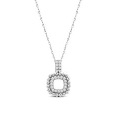 The perfect choice for someone looking for a necklace that is both simple and unique. This piece features a rounded square frame pendant with beaded outer edges and a square outline of round diamonds. The bail that holds the pendant also features two rows of diamonds for extra sparkle. Modern Diamond Cut Square Pendant Necklace, Modern Square Pendant Necklace With Diamond Cut, Sterling Silver Diamond Necklace With Square Pendant, Square Pendant Diamond Necklace For Anniversary, Anniversary Diamond Necklace With Square Pendant, Diamond Cut Square Pendant Necklace, Classic Square Pendant Necklace With Diamond Accents, Silver Diamond Necklace With Square Pendant, Timeless Diamond White Square Pendant Necklace