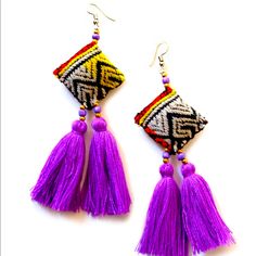 Handmade, Fun, Long, Statement Fashion Tassel Earrings. Embroidered Details In 100% Cotton Fabric. Bohemian Flare. Threaded With Intricate Details Artisanal, Lead And Nickel Free. Like New Excellent Condition. They Make Perfect Gifts Or Personal Use. Unworn. Make An Offer. Perfect For Bundle With My Other Listings. Thank You So Much. Tassels Are Solid Purple. Beads In Purple And Gold Plated Color Combo. Textured Pillow Squares In Patterned Multi Colors. Details: 4’ Inches Drop, Lightweight Handm Traditional Woven Dangle Jewelry, Traditional Multicolor Fringe Earrings, Adjustable Purple Bohemian Tassel Earrings, Traditional Handmade Multicolor Tassel Earrings, Bohemian Purple Tassel Earrings, Multicolor Handwoven Tassel Earrings Gift, Handwoven Multicolor Tassel Earrings Gift, Handmade Bohemian Purple Tassel Earrings, Traditional Woven Multicolor Earrings