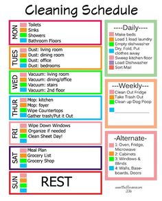 the cleaning schedule is shown with colorful lines on it and words in different colors that spell out