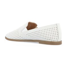 This sophisticated look is detailed with our signature 4mm Tru Comfort Foam� footbed for all-day support. The Lucie by Journee Collection is a loafer flat elevated by a 1/2 inch block heel. Vegan leather uppers twin notches at the sides and round perforations finish the design. At Journee Collection our flat styles will have you looking just as professional as the boss at work to having the cutest shoes when you go out for the night. White Slip-on Loafers With Perforated Toe Box, White Closed Toe Flats With Perforated Toe Box, White Slip-on Flats With Perforated Toe Box, White Closed Toe Flats With Cushioned Footbed, Classic White Slip-ons With Cushioned Footbed, Comfortable White Flat Loafers, White Textured Sole Slip-on Flats, Classic White Flat Slip-ons, White Slip-ons With Perforations