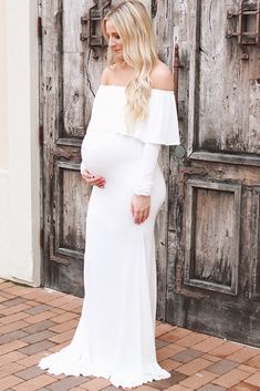 off the shoulder maternity wedding dress Maternity Wedding Gown, Vestidos Para Baby Shower, Maternity Wedding Dresses, Baby Shower Gown, Baby Shower Dress, Pregnant Wedding, Pregnant Wedding Dress, Maternity Gown, White Off The Shoulder