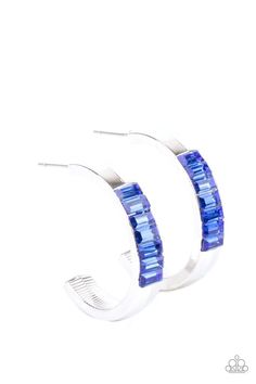 "Bursting With Brilliance": The front of a thick silver hoop is encrusted in glittery blue emerald cut rhinestones, creating a glamorous pop of color. Earring attaches to a standard post fitting. Hoop measures approximately 1" in diameter. Sold as one pair of earrings. Textured Gold Ring, Emerald Style, Blue Emerald, Paparazzi Accessories, Blue Gems, White Rhinestone, Metallic Blue, Silver Bars, Paparazzi Jewelry