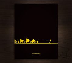 a black and yellow poster with people riding on horses in the dark, against a wooden background