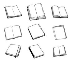 six open books are shown in black and white