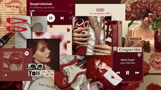 a collage of images with red and pink colors, including music notes, guitar strings, roses, hearts, and more