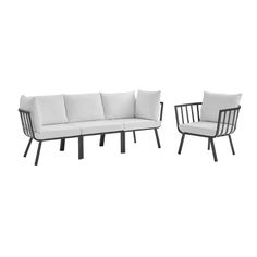 two chairs and a couch with white cushions