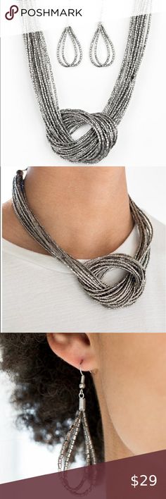 knotted Knockout silver necklace and earring set Countless strands of gunmetal seed beads delicately knot together below the collar to create an unforgettable statement set. adjustable clasp closure Jewelry Necklaces Silver Beaded Necklaces For Party, Silver Metal Beaded Necklaces For Party, Silver Metal Beaded Necklace For Party, Party Jewelry With Beaded Metal Chain, Silver Beaded Alloy Necklaces, Adjustable Silver Beaded Necklace For Party, Adjustable Metal Beaded Necklaces For Party, Silver Beads Metal Jewelry For Parties, Silver Metal Beads Jewelry