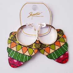 New Wooden Hoop Earrings In Colorful Blend Of Greens, Reds, Beige, & Orange, With A Gold Hoop Attached To The Top. Trendy Multicolor Hoop Earrings As Gift, Trendy Multicolor Hoop Earrings With Ear Wire, Colorful Trendy Hoop Earrings For Gift, Colorful Trendy Hoop Earrings As Gift, Trendy Colorful Hoop Earrings As Gift, Trendy Colorful Hoop Earrings For Gifts, Trendy Small Hoop Red Earrings, Trendy Dangle Hoop Earrings For Festivals, Trendy Colorful Hoop Earrings For Party