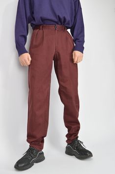 Vintage red classic suit trousers {779} PRODUCT INFO: Material - 100% COTTON / Size tag on item - 28 / WAIST - 71 CM / FULL LENGHT - 110 CM / 43 INCH / INSEAM - 84 CM / 33 INCH / Our model is 179 cm and normally wears a size 29/30 INFO: Due to item's vintage condition, the original tag might not show the true size. If you have any questions about this product or shipping just drop us a message and we will get back to you as soon as possible. CONDITION: Please note that Hanger Vintage sell true v Burgundy Cotton Wide Leg Pants, Classic Red Bottoms For Business Casual, Formal Red Bottoms With Welt Pockets, Red Formal Bottoms With Welt Pockets, Classic Red Wide Leg Bottoms, Classic Red Trousers, Tailored Classic Red Pants, Classic Tailored Red Pants, Classic Red Bottoms With Welt Pockets