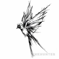 a black and white drawing of a bird flying