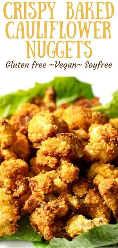 crispy baked cauliflower nuggets on a plate with lettuce leaves