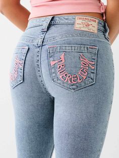 JENNIE EMBROIDERED SKINNY JEAN Applique On Denim, Low Rise True Religion Jeans, True Religion Jeans Pink Stitching, Iron On Patch Jeans, Pink True Religion Jeans, Cute Summer Outfits With Jeans, Must Haves For Women, True Religion Aesthetic, Summer School Fits