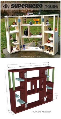 the plans for a diy dollhouse include shelves and shelving units with dolls in them