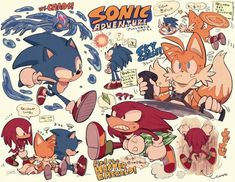 an image of sonic and knuckles characters in various poses, with the words sonic adventure written on