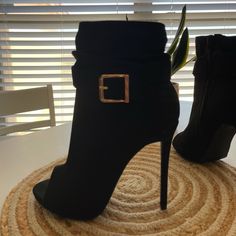 Never Worn Before And In Very Good Condition! Had A Baby And Can No Longer Wear Them. Open Toe Boots With Buckle Closure For Night Out, Chic Open Toe Boots For Night Out, Chic Black Heels With Buckle Closure, Black Heels For Fall Date Night, Black Open Toe Boots For Night Out, Chic Party Boots With Open Heel, Chic Open Heel Party Boots, Chic Open Heel Boots For Party, Black Open Toe Boots For Party