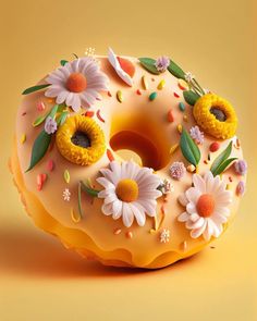 a donut covered in frosting and decorated with flowers