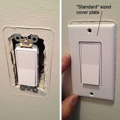 two pictures showing the same light switch and one with an electrical outlet in between them