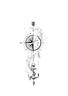 a black and white drawing of an anchor, compass and other things in the background