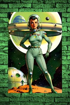 a woman in green space suit standing next to a brick wall with an astronaut on it