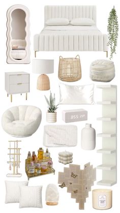 a collage of white furniture and accessories