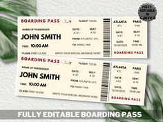 two white boarding pass tickets with green leaves on the side and text reading boarding pass