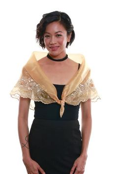 Women's Alampay Gold 001 - Filipiniana Filipino Shirt, Filipiniana Dress, Filipino Culture, Dress With Shawl, Cocktail Dress Wedding, Maria Clara, Mothers Dresses, Full Length Dress, Traditional Fashion