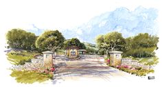 a watercolor painting of a gated entrance to a park with flowers and trees