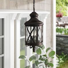 an outdoor light hanging from the side of a house next to a potted plant