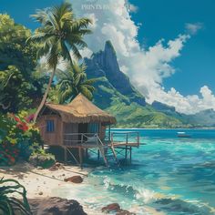 a painting of a tropical island with a hut on the water and palm trees in the background