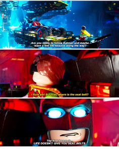 the lego movie is shown in two different frames, one with blue eyes and another with red