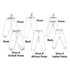 four different types of pants with the names and description on each one, including front, back, and side views