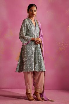 Blue kurta with sequin embroidery. Paired with a pink salwar and purple embroidered dupatta. - Aza Fashions Salwar Pattern, Blue Kurta, Sequin Embroidery, Embroidered Dupatta, Sequins Embroidery, Set For Women, Aza Fashion, Mustard, Types Of Sleeves