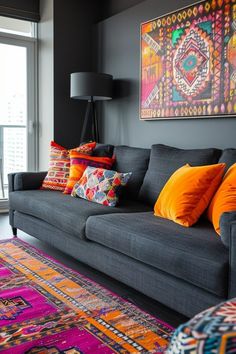 a living room filled with lots of colorful pillows