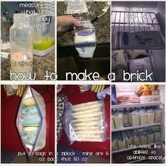 several pictures showing how to make a brick in the refrigerator with baby bottles and other items