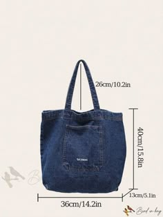 an image of a denim bag with measurements