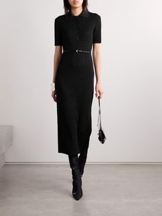 A closer look at Givenchy's midi dress reveals the iconic '4G' logo that's been jacquard-knitted throughout. Designed for a close fit, it has a neat polo collar and waist-defining belt, which is a reinterpretation of the signature buckled details that define the 'Voyou' collection. Wear yours with knee boots or pumps. Givenchy Belt, Work Outfit Office, Summer Style Guide, Flat Dress Shoes, Givenchy Women, Pink Midi Dress, Jacquard Knit, Knit Midi, Knit Midi Dress