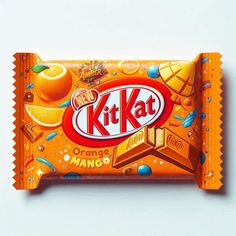 an orange kitkat candy bar on a white background