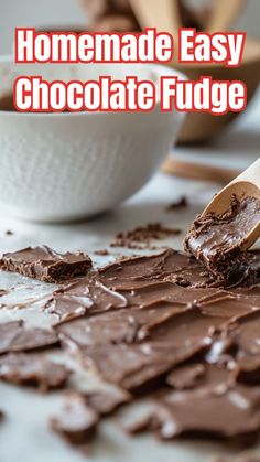 homemade easy chocolate fudge recipe with wooden spoon