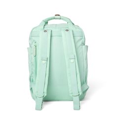 a mint green backpack with straps on the front and side pockets, sitting against a white background