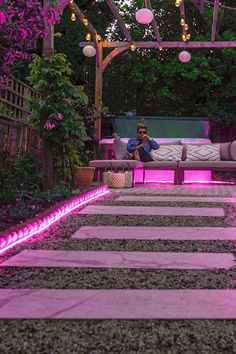 pink rope light in garden Magical Home, Backyard Renovations, Roof Lines, Bespoke Lighting, Commercial Buildings, Green Led, Led Strip Light, Rope Light, Strip Lights