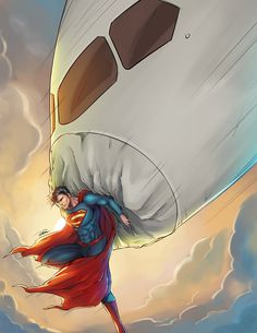 superman flying in the sky next to a rocket ship with his arms wrapped around him