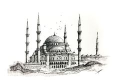 an ink drawing of the blue mosque in turkey