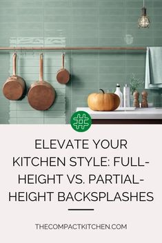 a kitchen with green tiles and wooden utensils hanging on the wall above it