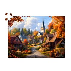 a painting of a country road with houses and pumpkins