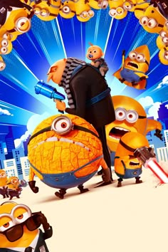 the movie poster for despicable me is shown with minion characters surrounding it