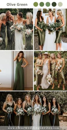 bridesmaids in olive green dresses and bouquets