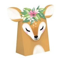 a paper bag with a deer head and flowers on it's head, sitting in front of a white background