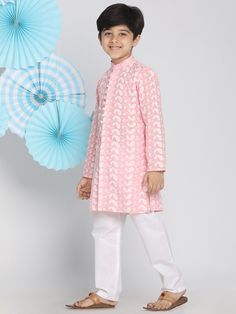 VASTRAMAY Pink Pure Cotton Kurta Chikankari Pyjama Baap Beta Set A stunning addition to your ethnic wardrobe, this pink pure cotton kurta set with intricate chikankari work is perfect for special occasions. Key Features: Color: Pink Fabric: Pure Cotton Design: Chikankari Set Includes: Kurta and Pyjama Specifications: Available Sizes: S, M, L, XL, XXL Occasion: Festive, Party Wash Care: Hand Wash or Dry Clean Only Material & Care: This kurta set is made of pure cotton, ensuring comfort and breath Kurta Set With Jacket, Chikankari Embroidery, Kurta Pyjama, White Pajamas, White Kurta, Pink Bottom, Cotton Kurta, Boys Wear, Ethnic Dress