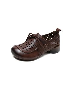 Spring Soft Leather Handmade Retro Flat Shoes — Obiono Casual Leather Shoes With Low Heel, Brown Low Heel Lace-up Shoes Casual, Casual Oxfords With Perforated Toe Box, Casual Brown Lace-up Shoes With Low Heel, Brown Round Toe Lace-up Shoes For Summer, Brown Flats With Perforated Toe Box, Brown Low Heel Leather Shoes Casual, Brown Casual Leather Shoes With Low Heel, Casual Leather Lace-up Shoes With Low Heel